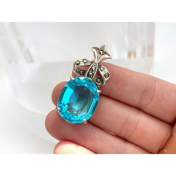 Oval Shaped Blue Topaz Art Deco Sterling Silver Vintage 925 Pendant | Charm - Picture 7 of 7